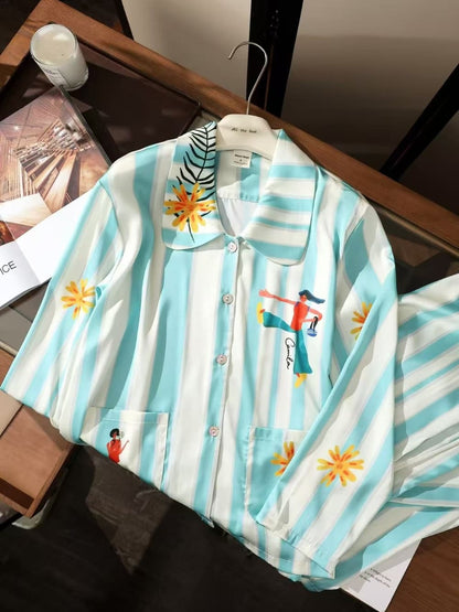 Mint green stripe satin Cartoon Print Pajama Set
