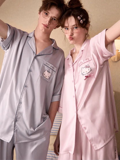Hello Kitty & Dear Daniel Matching Satin Couple Pajama Set, Short Sleeve Sleepwear
