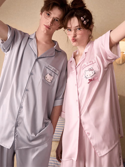 Hello Kitty & Dear Daniel Matching Satin Couple Pajama Set, Short Sleeve Sleepwear