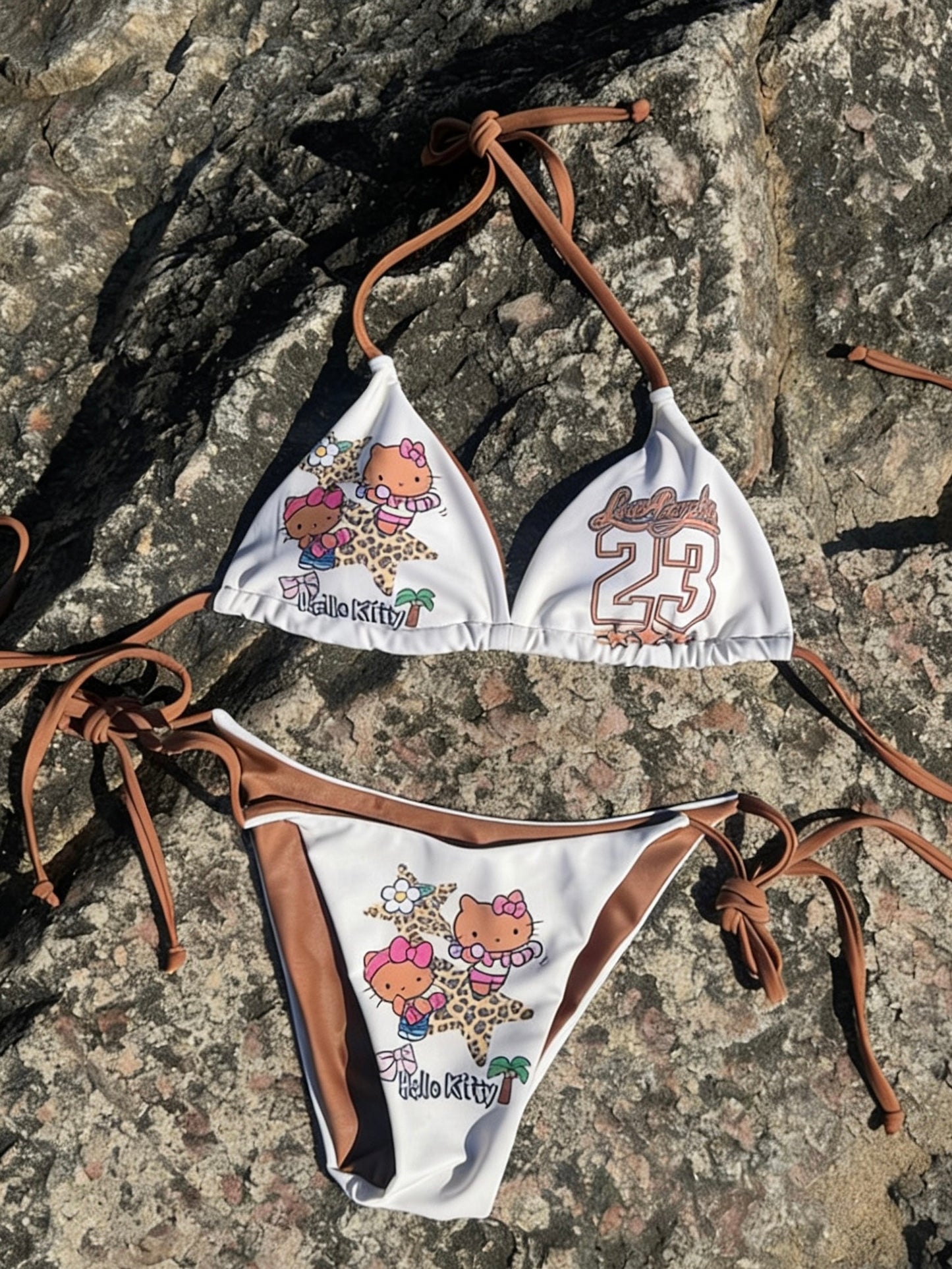 Hellokitty White Leopard Print Halter Tie Side Triangle Bikini Set