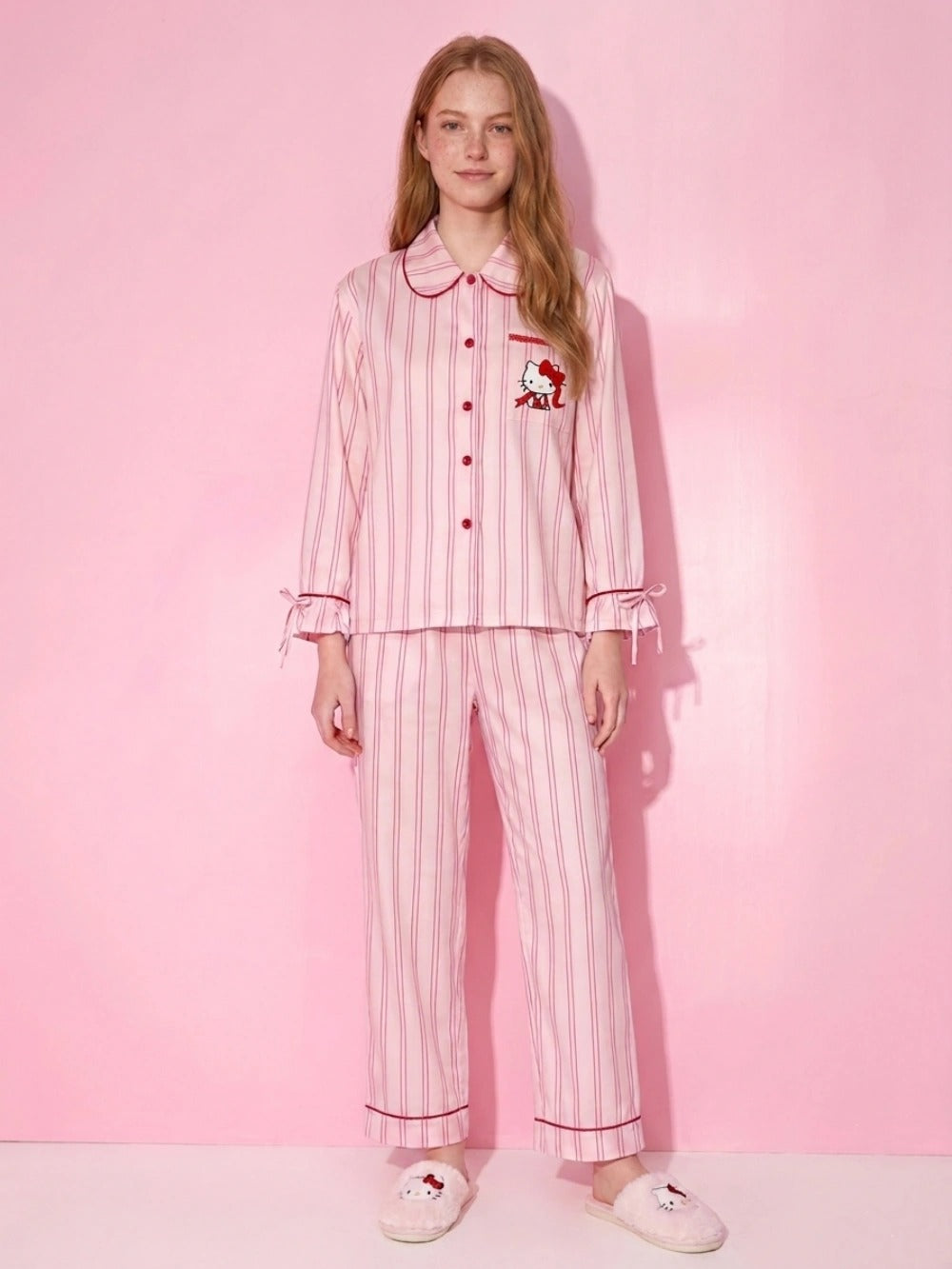 Hello Kitty Pink Striped Lyocell Cotton Pajama Set