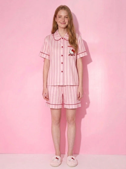 Hello Kitty Pink Striped Lyocell Cotton Pajama Set