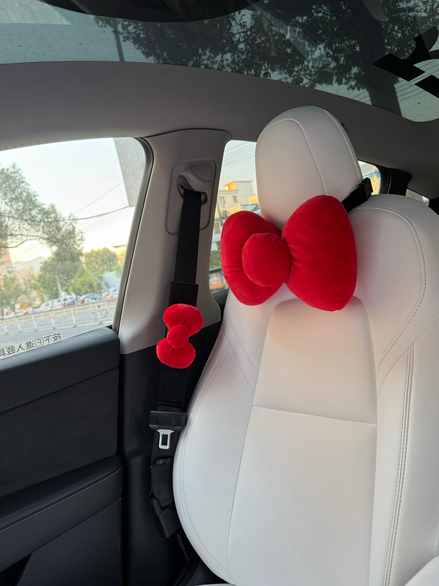 HK Red Bow Car Seat Accessories Set, Plush Seatbelt Shoulder Pad & Headrest Pillow, Cute Auto Interior Decor