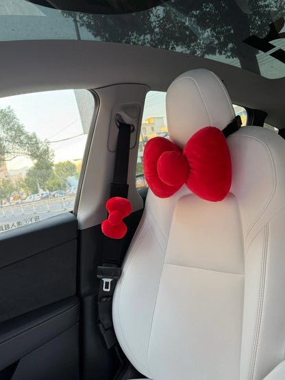 HK Red Bow Car Seat Accessories Set, Plush Seatbelt Shoulder Pad & Headrest Pillow, Cute Auto Interior Decor