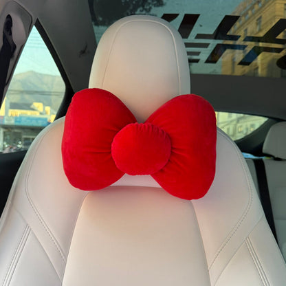 HK Red Bow Car Seat Accessories Set, Plush Seatbelt Shoulder Pad & Headrest Pillow, Cute Auto Interior Decor
