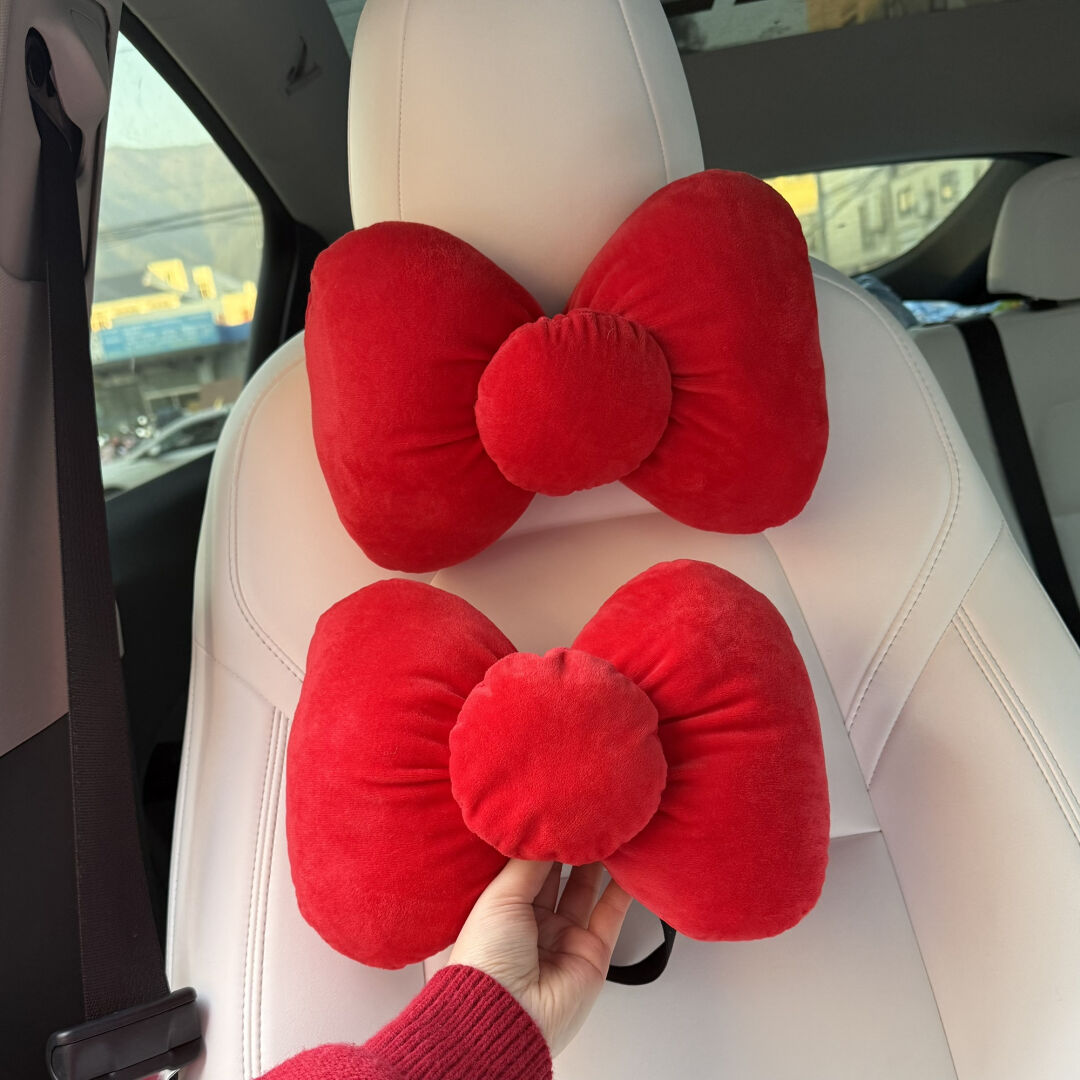 HK Red Bow Car Seat Accessories Set, Plush Seatbelt Shoulder Pad & Headrest Pillow, Cute Auto Interior Decor