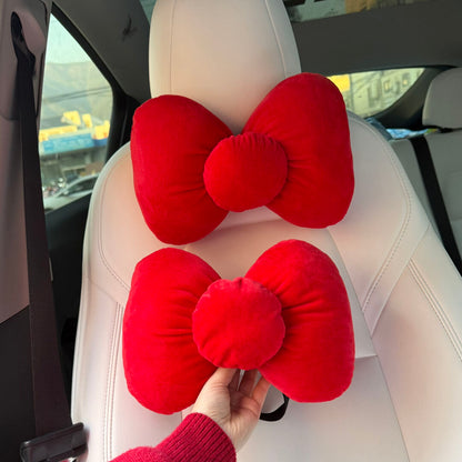 HK Red Bow Car Seat Accessories Set, Plush Seatbelt Shoulder Pad & Headrest Pillow, Cute Auto Interior Decor