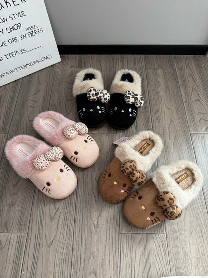 Hello Kitty Leopard Print Bow Fuzzy Slippers