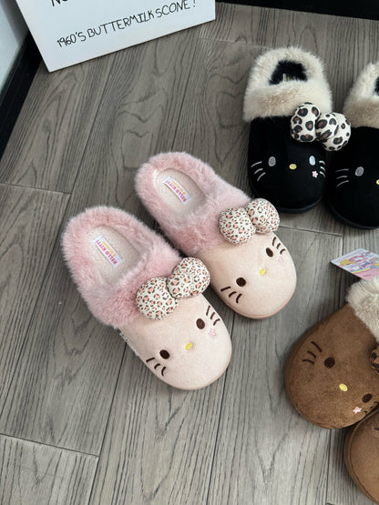 Hello Kitty Leopard Print Bow Fuzzy Slippers