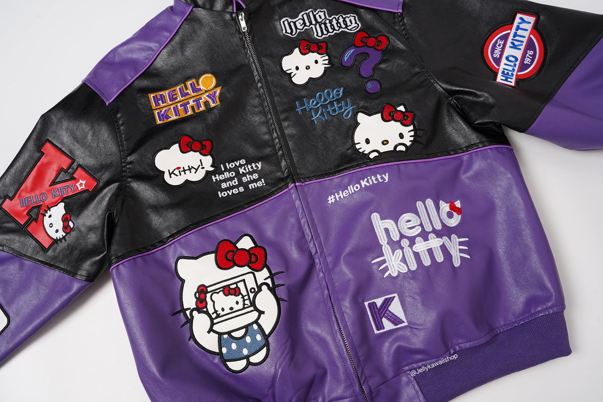 Hello Kitty Black & Purple Embroidered Bomber Jacket Unisex Coats