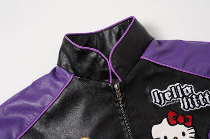Hello Kitty Black & Purple Embroidered Bomber Jacket Unisex Coats