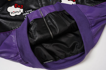 Hello Kitty Black & Purple Embroidered Bomber Jacket Unisex Coats