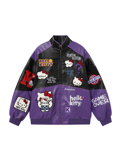 Hello Kitty Black & Purple Embroidered Bomber Jacket Unisex Coats