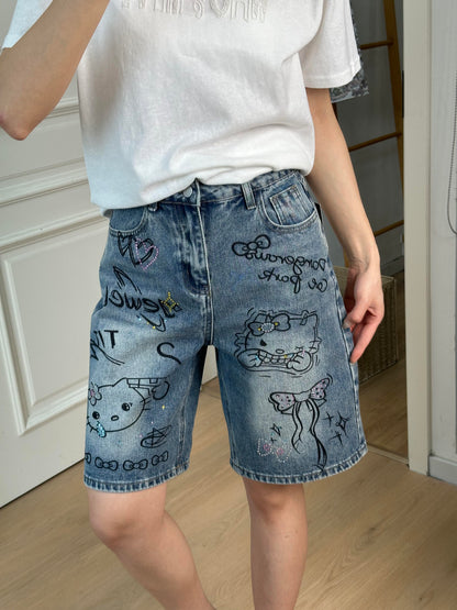 Hellokitty Denim Short Casual Jeans Pants with Pockets