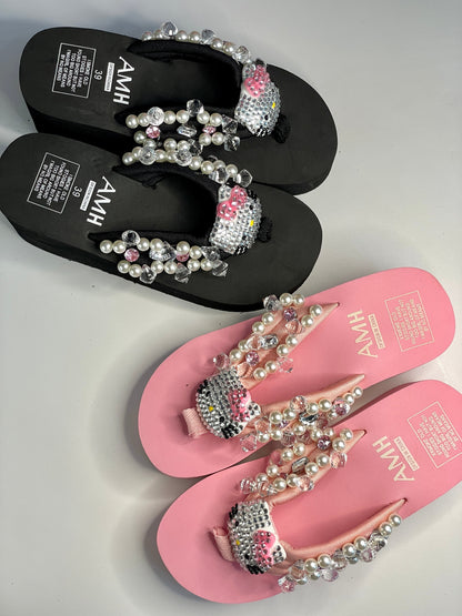Hello Kitty Rhinestone High Platform Flip Flops Sandals Slippers