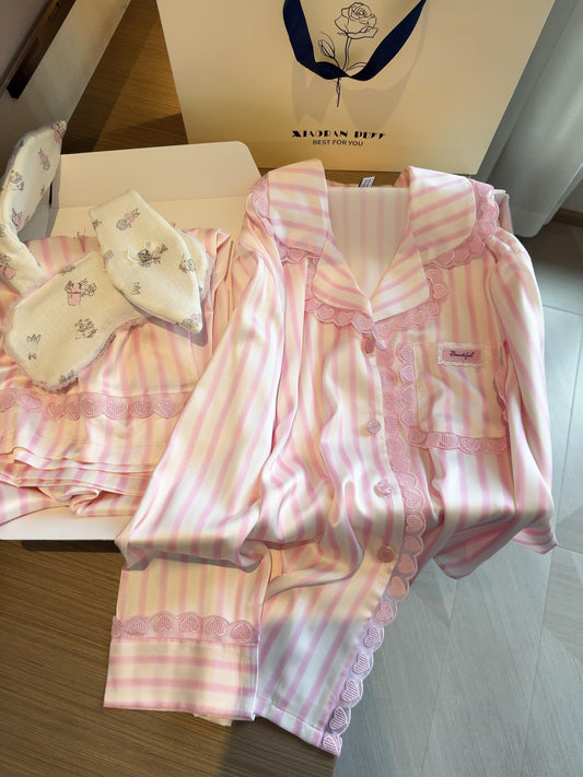 Girly Striped Heart Lace Slik Stain Pajamas Set Long Sleeve Sleepwear Button Down Nightwear Soft Pj Lounge Sets