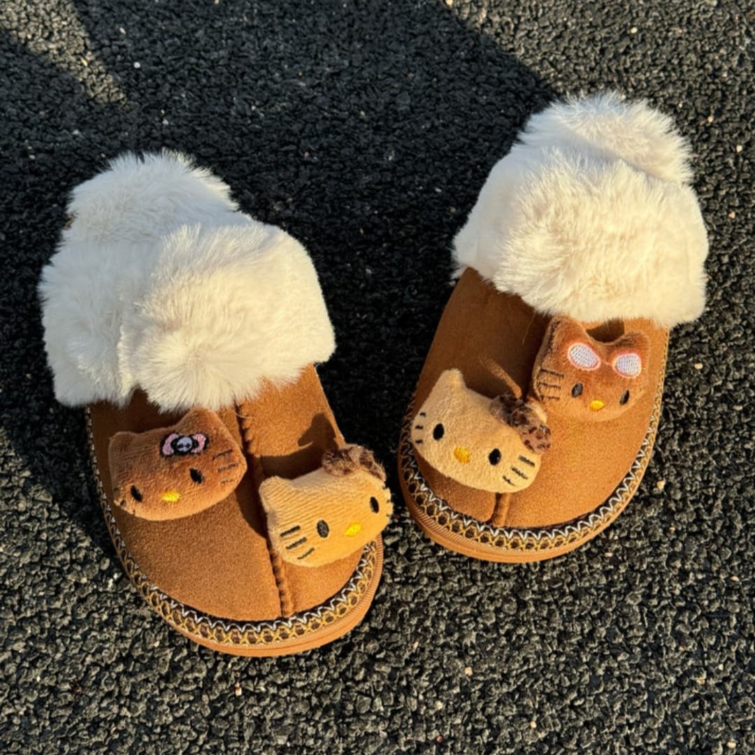 Hellokitty Fuzzy Brown Slippers Fluffy Winter House Shoes Indoor and Outdoor