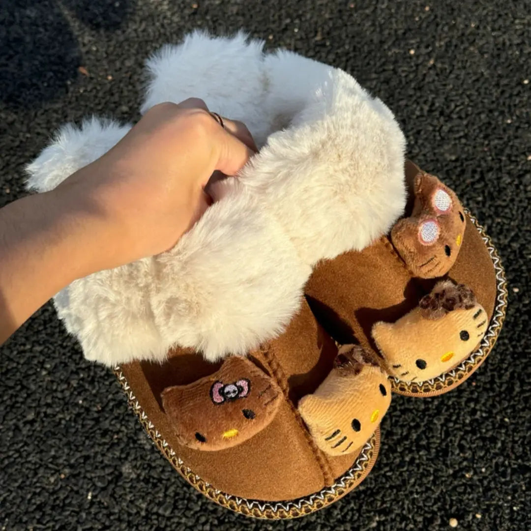 Hellokitty Fuzzy Brown Slippers Fluffy Winter House Shoes Indoor and Outdoor