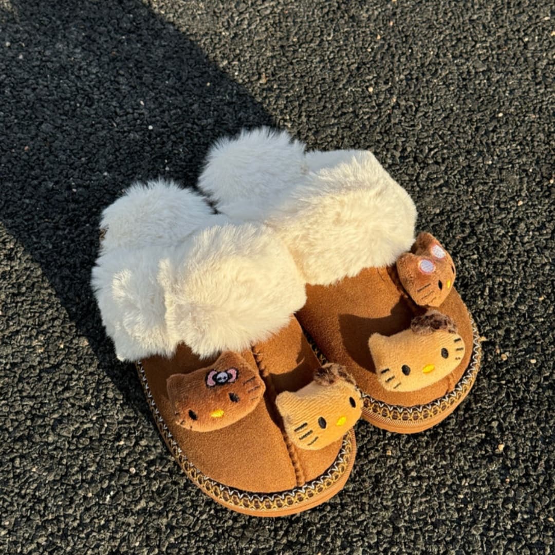 Hellokitty Fuzzy Brown Slippers Fluffy Winter House Shoes Indoor and Outdoor
