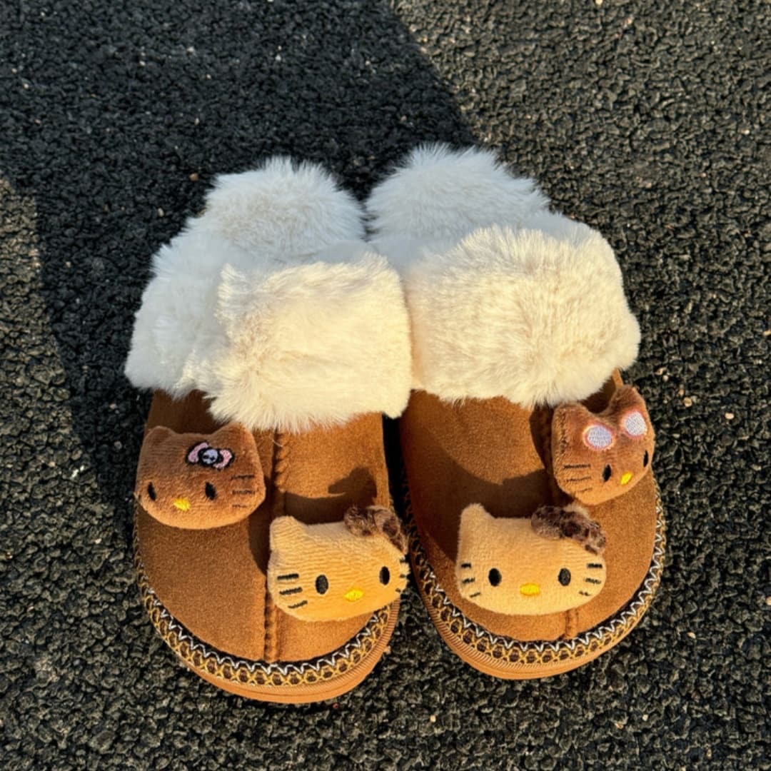 Hellokitty Fuzzy Brown Slippers Fluffy Winter House Shoes Indoor and Outdoor