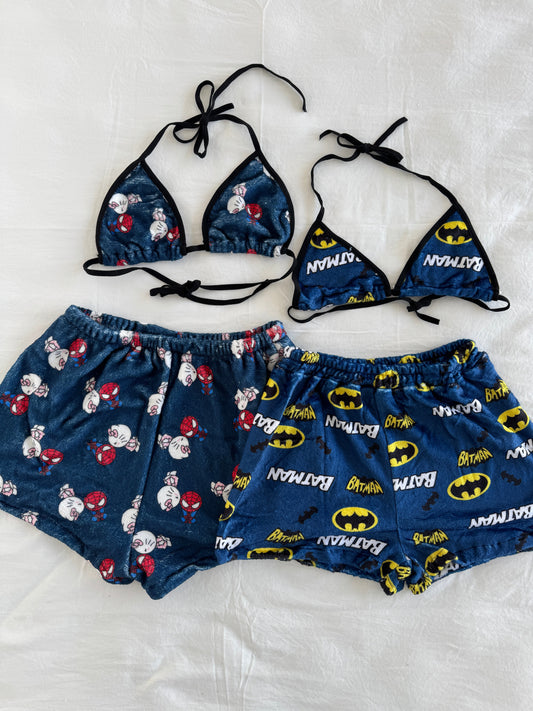 Hellokitty Spider-Man Batman 2 Piece Sleepwear Flannel Bikini Top with Shorts Pj Set