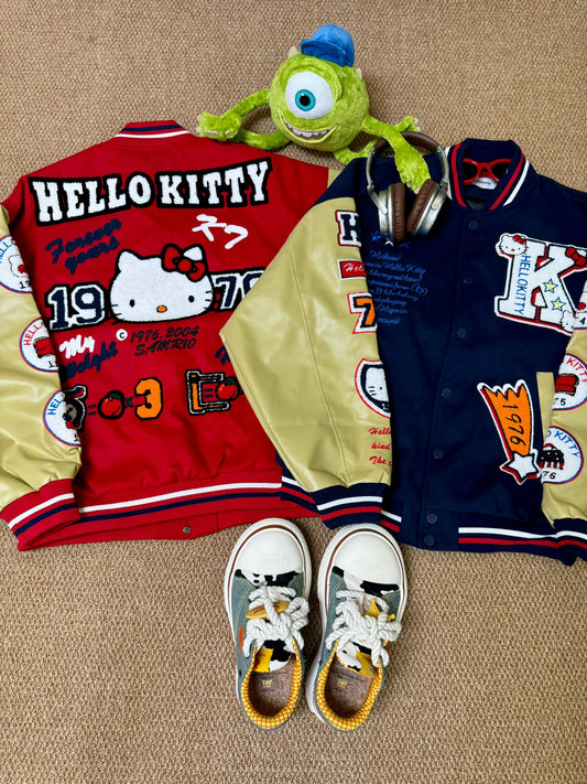 Hellokitty Varsity Jacket Baseball Bomber Jacket Vintage Unisex Streetwear Coats with Patchwork Hipster Utility Tops