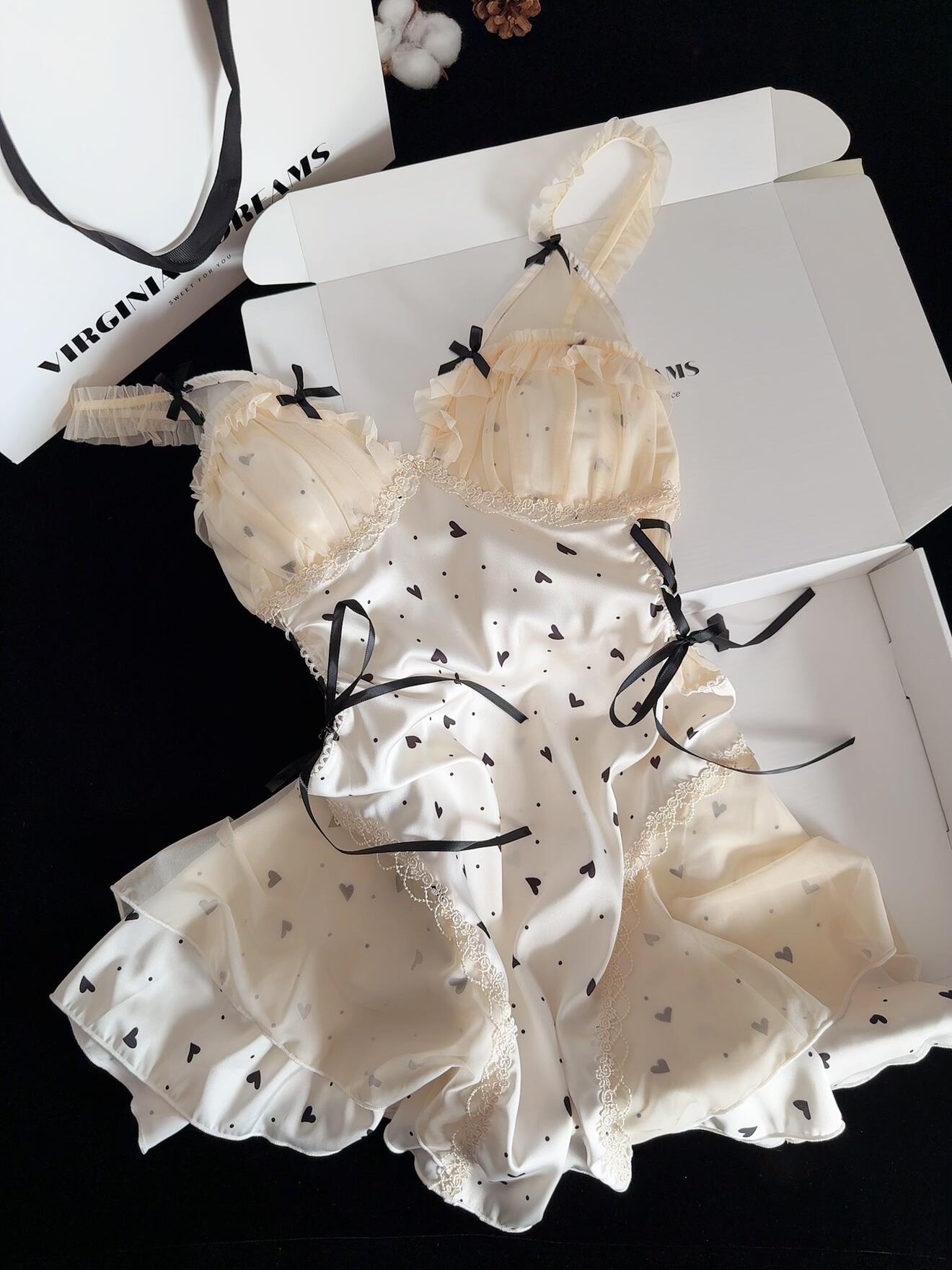 Black Heart Print Lace Trim Double Layer Gauze Silk Nightgown for Women Satin Slip Dress Nightdress