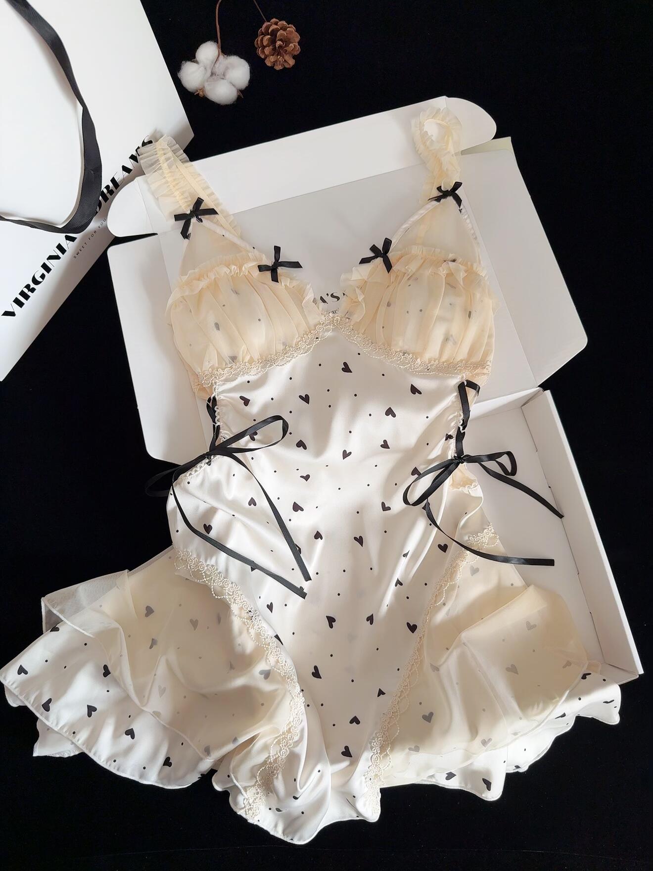 Black Heart Print Lace Trim Double Layer Gauze Silk Nightgown for Women Satin Slip Dress Nightdress