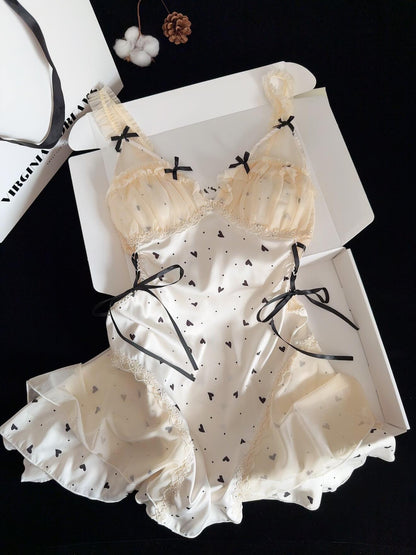 Black Heart Print Lace Trim Double Layer Gauze Silk Nightgown for Women Satin Slip Dress Nightdress