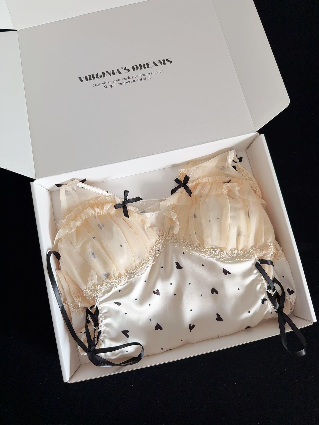 Black Heart Print Lace Trim Double Layer Gauze Silk Nightgown for Women Satin Slip Dress Nightdress