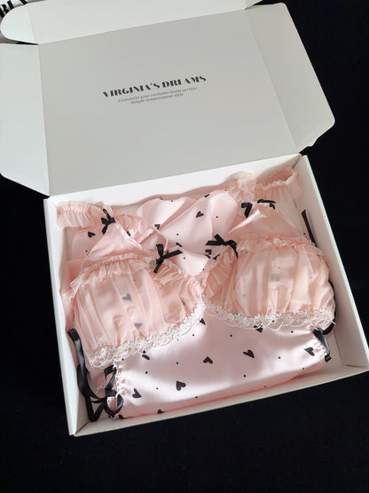 Black Heart Print Lace Trim Double Layer Gauze Silk Nightgown for Women Satin Slip Dress Nightdress