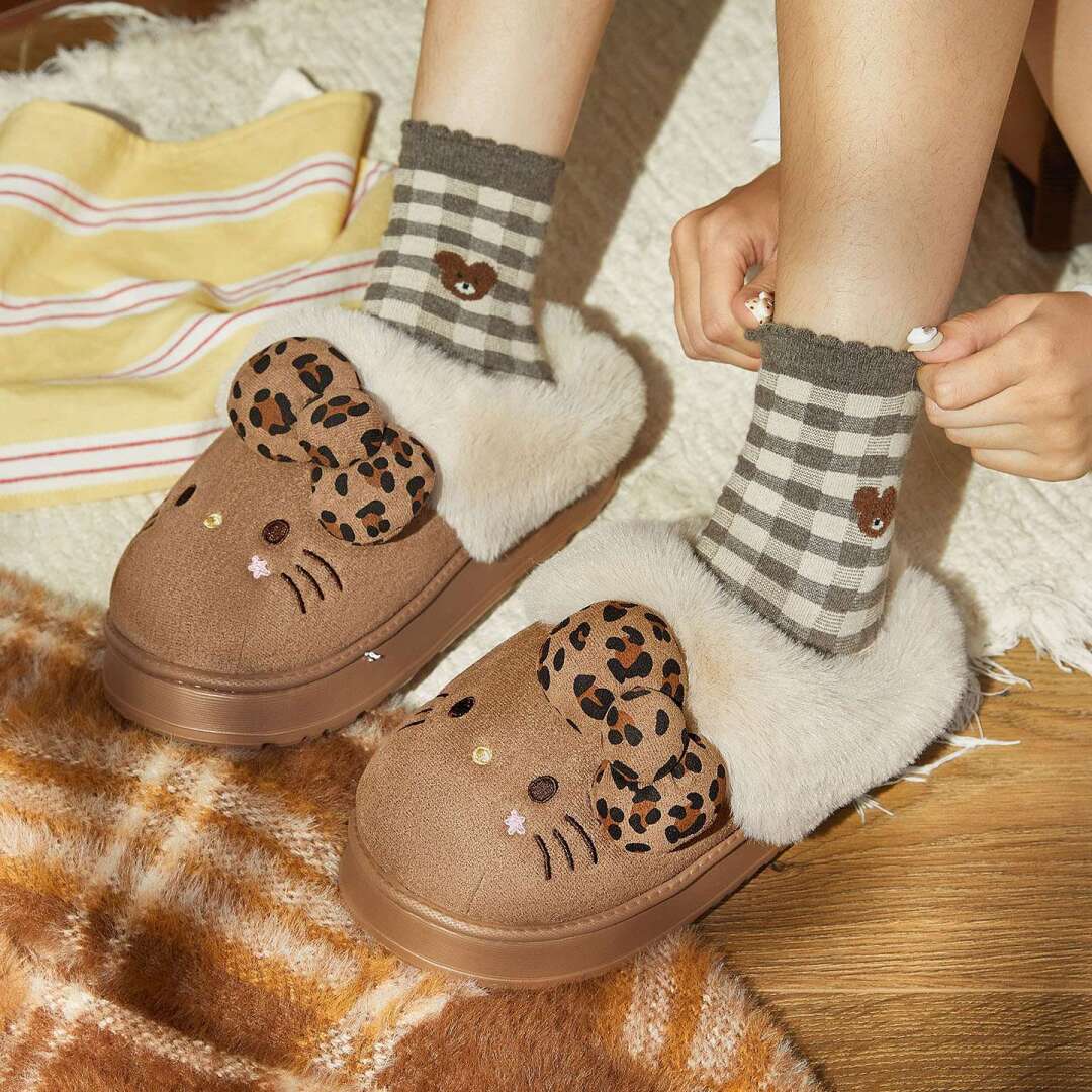 Hellokitty Fuzzy Brown Slippers Fluffy Fall Winter House Shoes Indoor and Outdoor