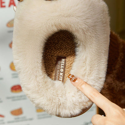 Hellokitty Fuzzy Brown Slippers Fluffy Fall Winter House Shoes Indoor and Outdoor