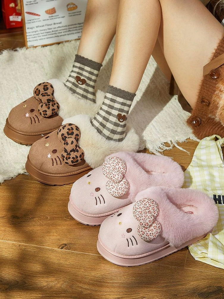 Hellokitty Fuzzy Brown Slippers Fluffy Fall Winter House Shoes Indoor and Outdoor