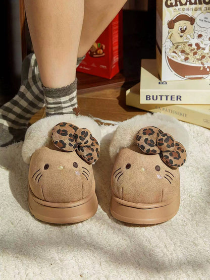 Hellokitty Fuzzy Brown Slippers Fluffy Fall Winter House Shoes Indoor and Outdoor
