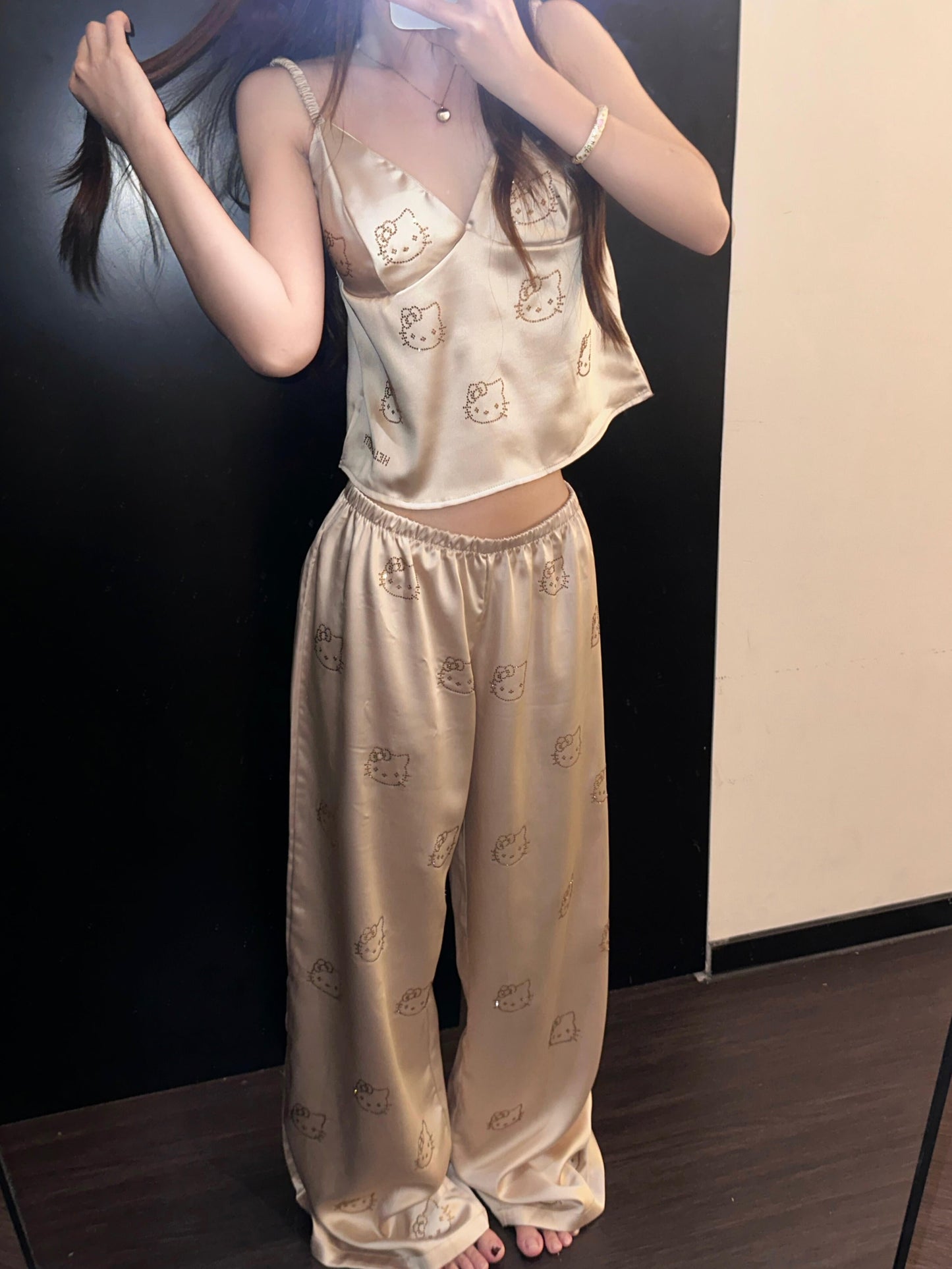 Hellokitty Champagne Satin Pajama Set for Women 2 Piece Silky Lingerie Sleepwear Camisole Pj Shorts Set Soft Nightwear