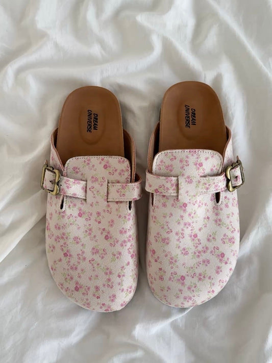 Floral Print Suede Clogs Leather Mules Cork Footbed Sandals Potato Shoes with Arch Support
