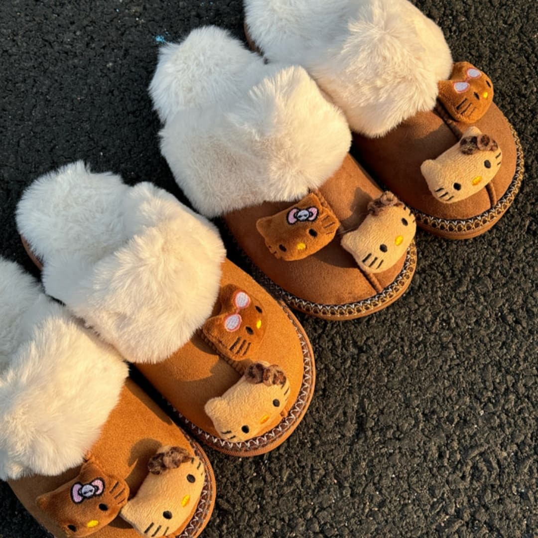 Hellokitty Fuzzy Brown Slippers Fluffy Winter House Shoes Indoor and Outdoor