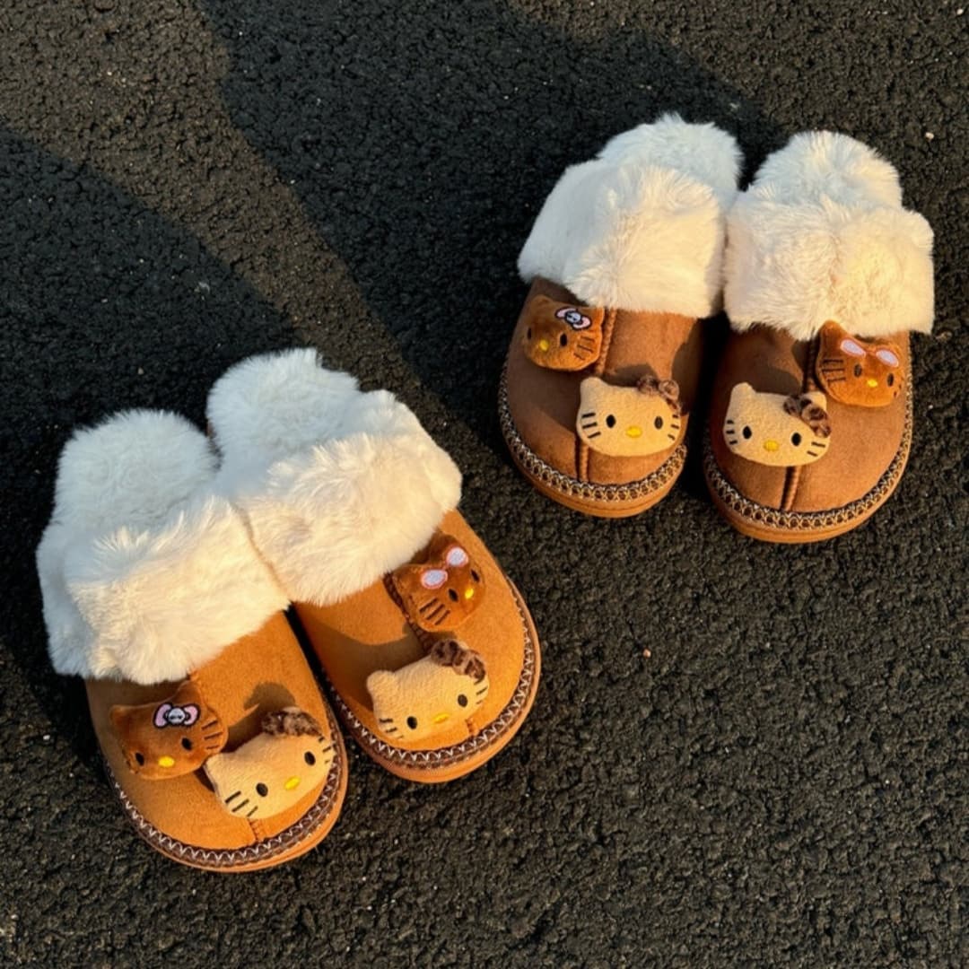 Hellokitty Fuzzy Brown Slippers Fluffy Winter House Shoes Indoor and Outdoor