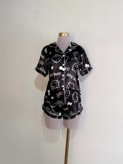 Sanrio Womens Silk Satin Pajama Sets Short Sleeve Button Down Sleepwear Cozy Loungewear 2 Piece Pjs Shorts Set （S-XXXL）