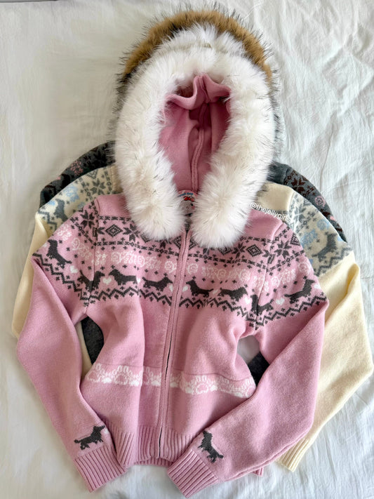 Girly Zip Up Hooded Cardigan Sweater with Fur Hood Jackets Knitted Drop Shoulder Fall Clothes Winter Hoodies Outerwear