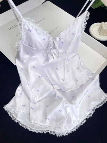 Pink Bow Print Satin Pajama Set for Women 2 Piece Silky Lingerie Sleepwear Camisole Pj Shorts Set Soft Nightwear