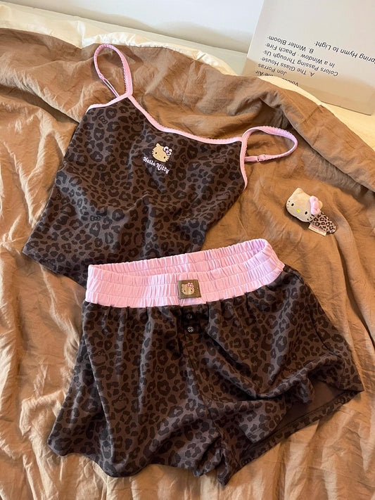 Hellokitty Leopard Print Cotton Cute Short&Long Pajama Set 2 Piece Sleepwear