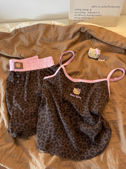Hellokitty Leopard Print Cotton Cute Short&Long Pajama Set 2 Piece Sleepwear