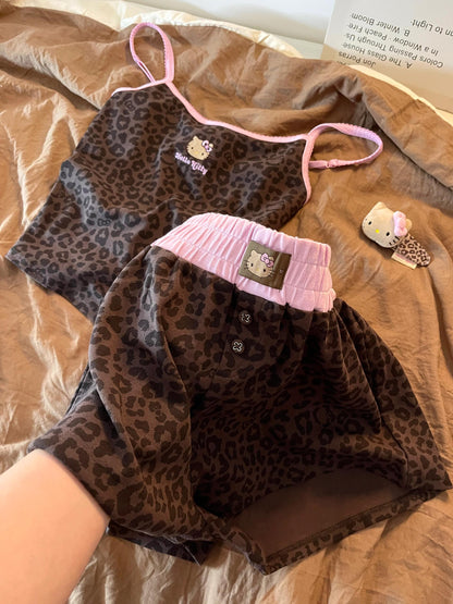 Hellokitty Leopard Print Cotton Cute Short&Long Pajama Set 2 Piece Sleepwear