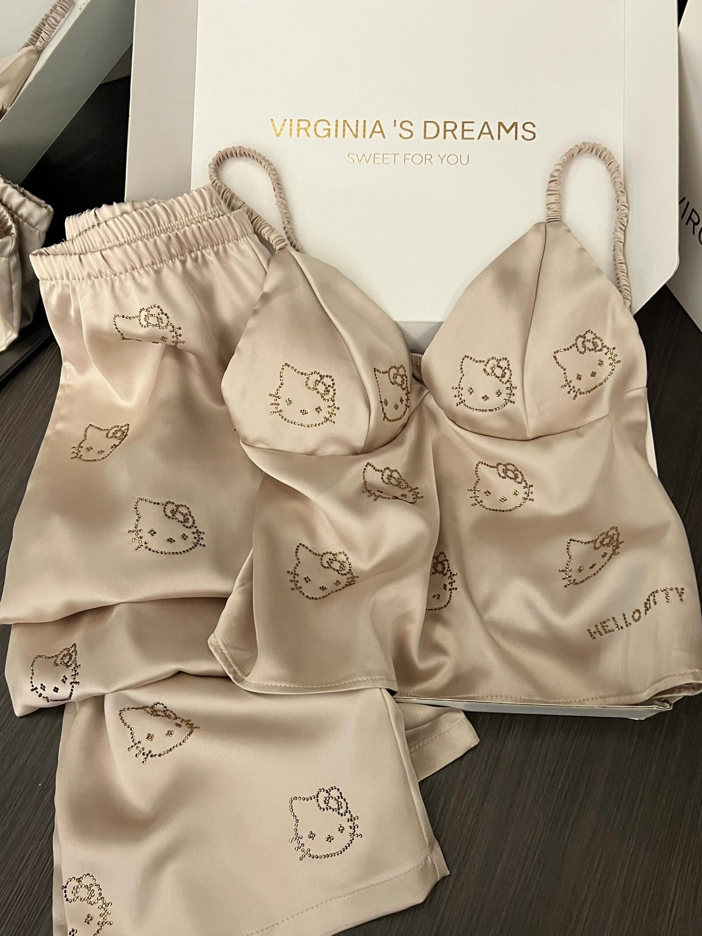 Hellokitty Champagne Satin Pajama Set for Women 2 Piece Silky Lingerie Sleepwear Camisole Pj Shorts Set Soft Nightwear