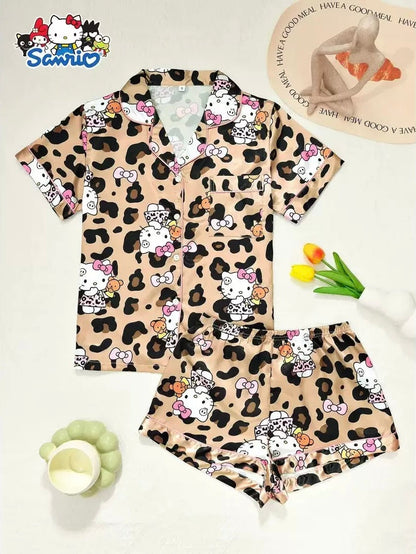 Sanrio Womens Silk Satin Pajama Sets Short Sleeve Button Down Sleepwear Cozy Loungewear 2 Piece Pjs Shorts Set （S-XXXL）