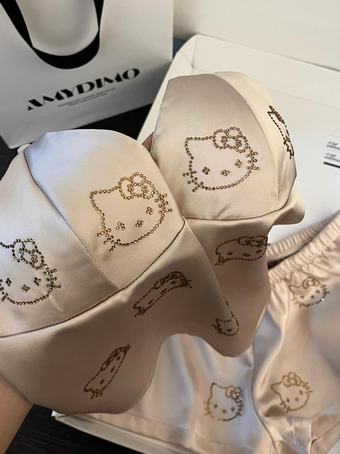 Hellokitty Champagne Satin Pajama Set for Women 2 Piece Silky Lingerie Sleepwear Camisole Pj Shorts Set Soft Nightwear