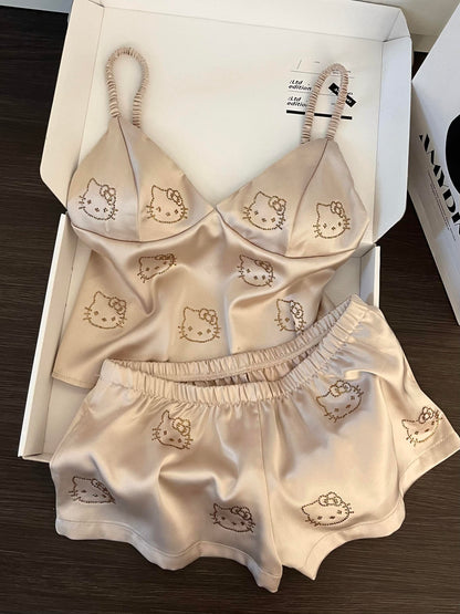 Hellokitty Champagne Satin Pajama Set for Women 2 Piece Silky Lingerie Sleepwear Camisole Pj Shorts Set Soft Nightwear