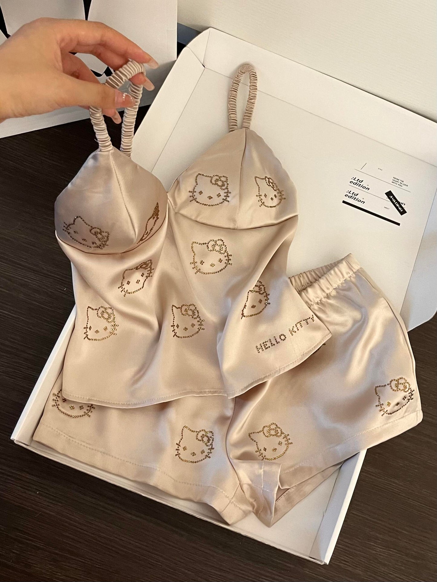 Hellokitty Champagne Satin Pajama Set for Women 2 Piece Silky Lingerie Sleepwear Camisole Pj Shorts Set Soft Nightwear